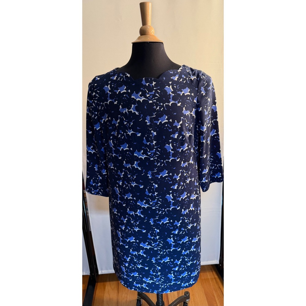 Talbots Petite Blue Floral Scallop Neck Shift Dress Women's 14P NWT